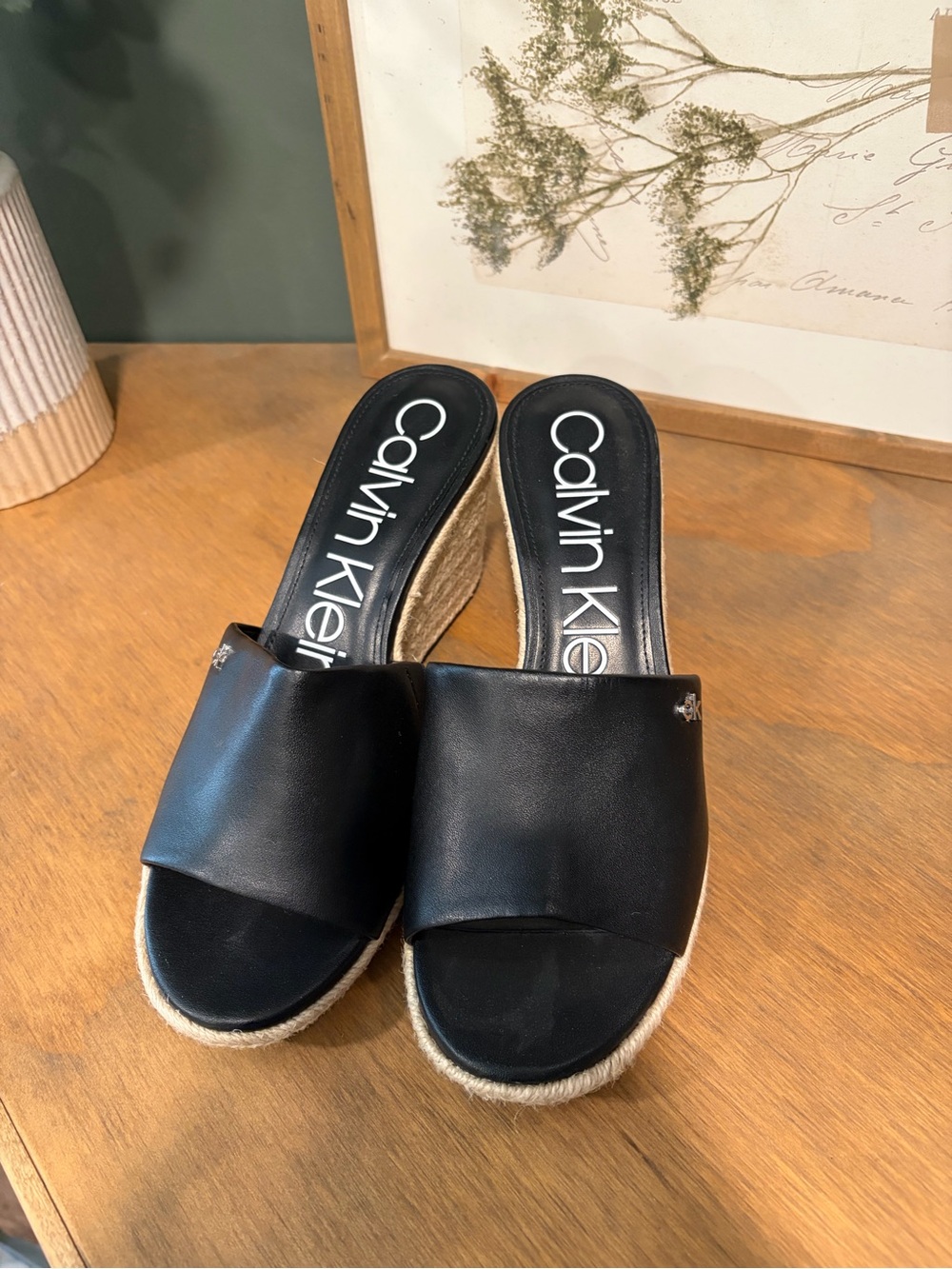 Calvin Klein Black Leather Wedge Espadrille Slides